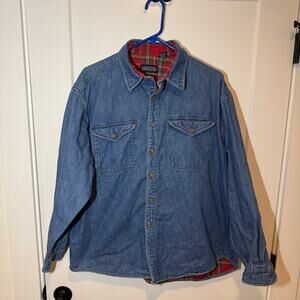 Vintage Lands End Flannel Lined Denim Trucker Shacket. Made in USA Outdoor. L